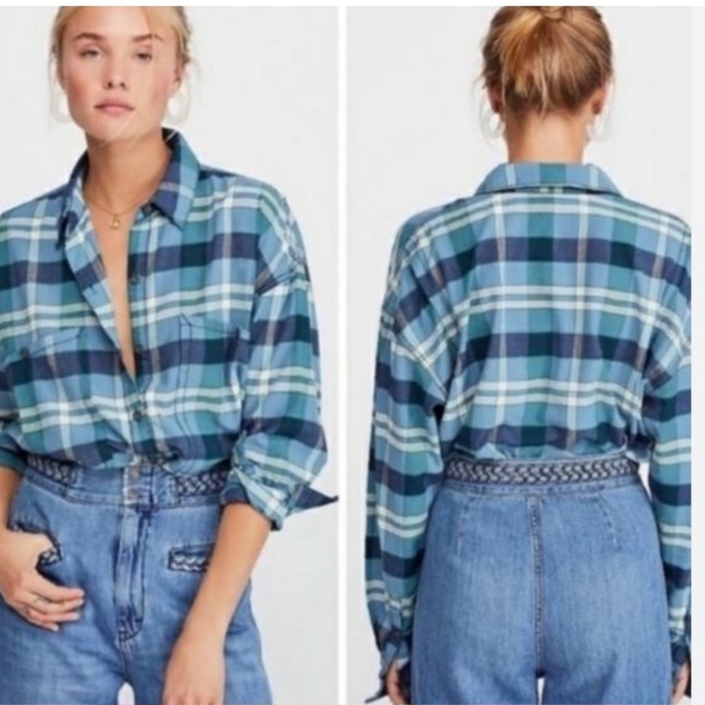 Free People Blue Plaid Button Down Shirt